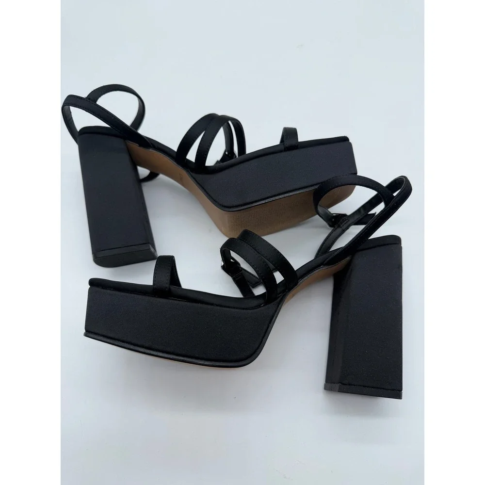 Lisa Vicky Babe-V Black Satin Platform Block Heel Rhinestone Buckle Sandals 8M